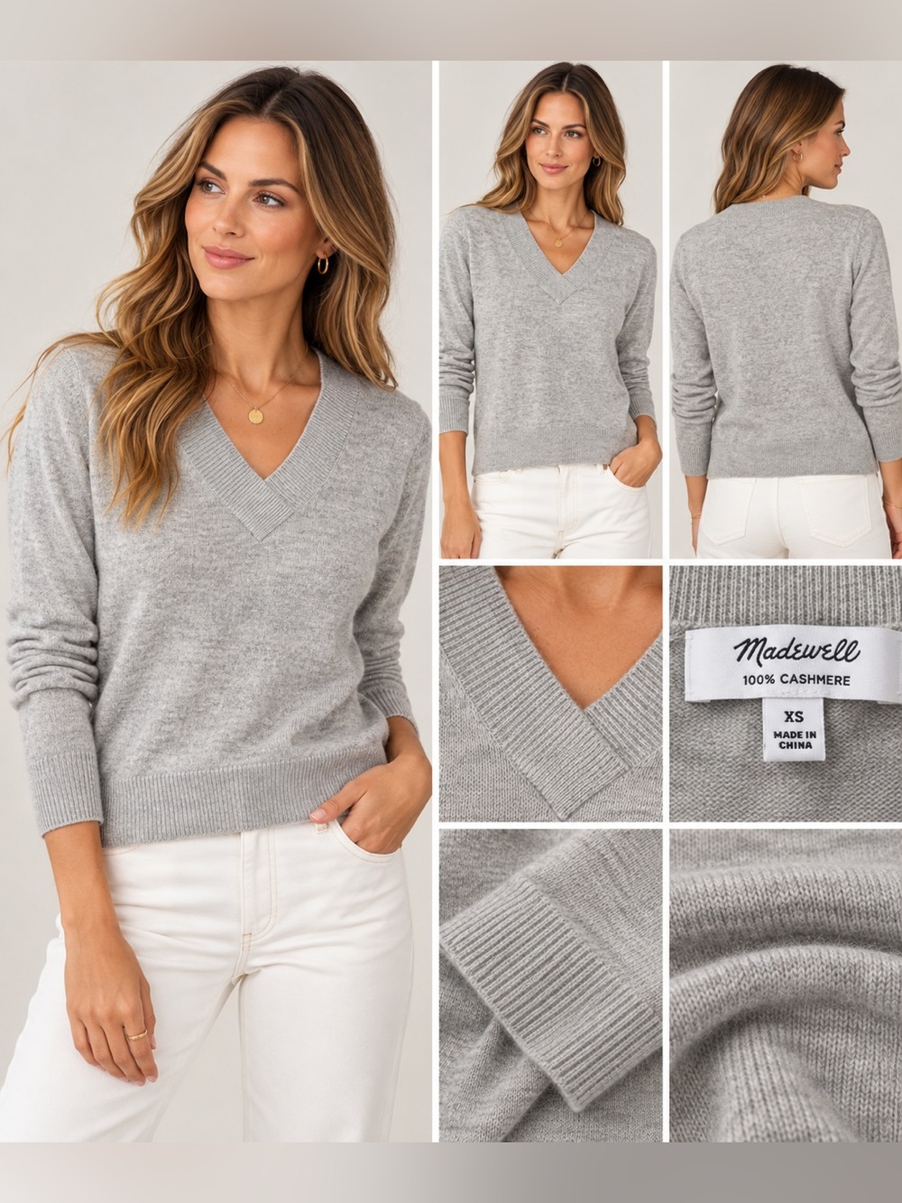 Madewell 100% Cashmere V-Neck Sweater Heather Gray XS